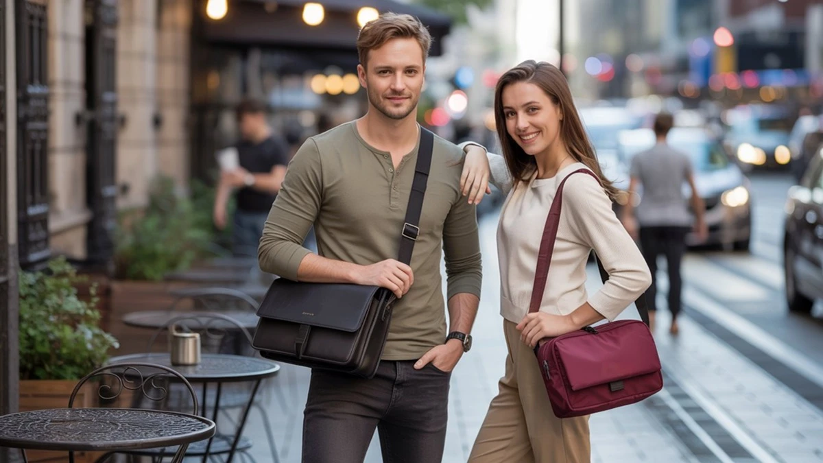 homme et femme avec des sacs à bandoulière