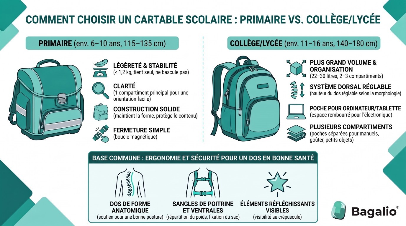 Infographie: Comparatif des sacs à dos scolaires primaires et secondaires selon l'ergonomie, le volume et les fonctions.