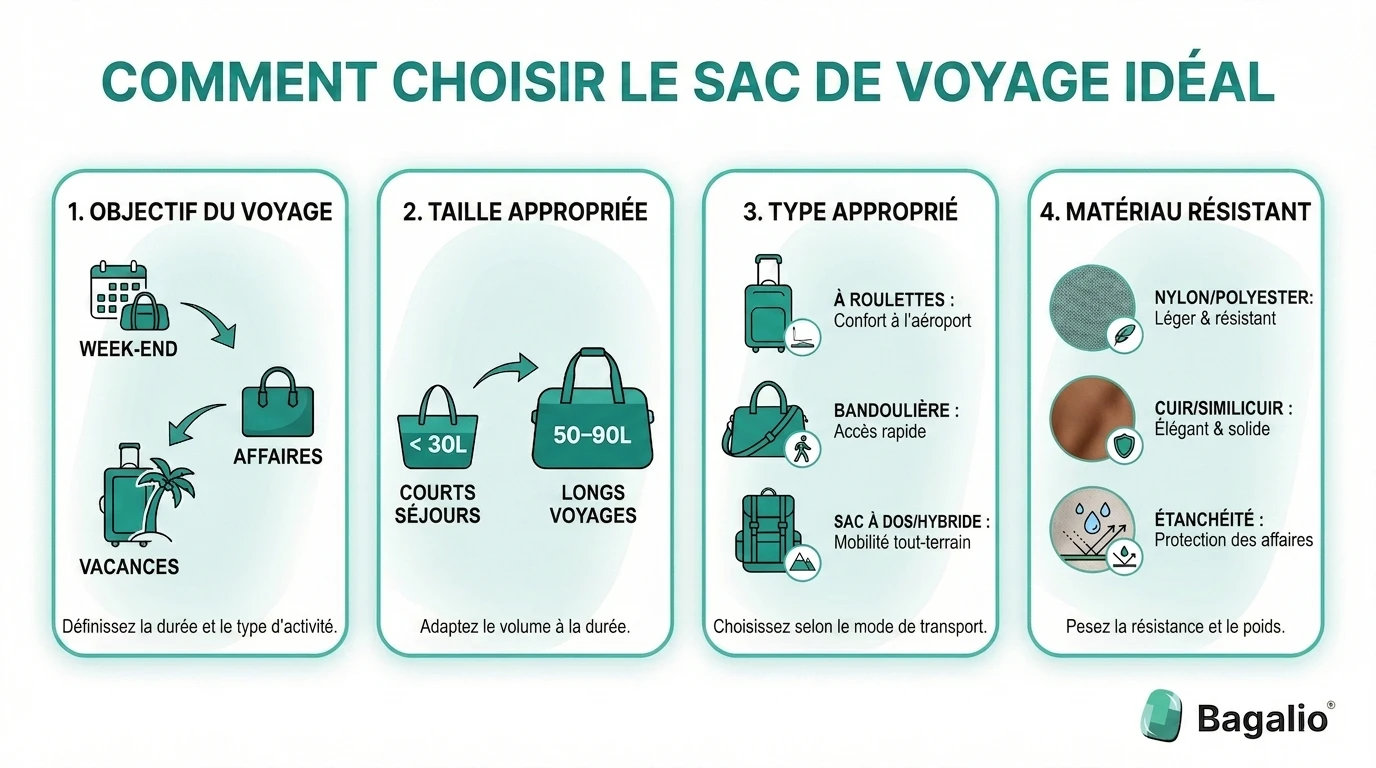 infographie : guide pour bien choisir son sac de voyage selon la taille, le matériau et l'usage