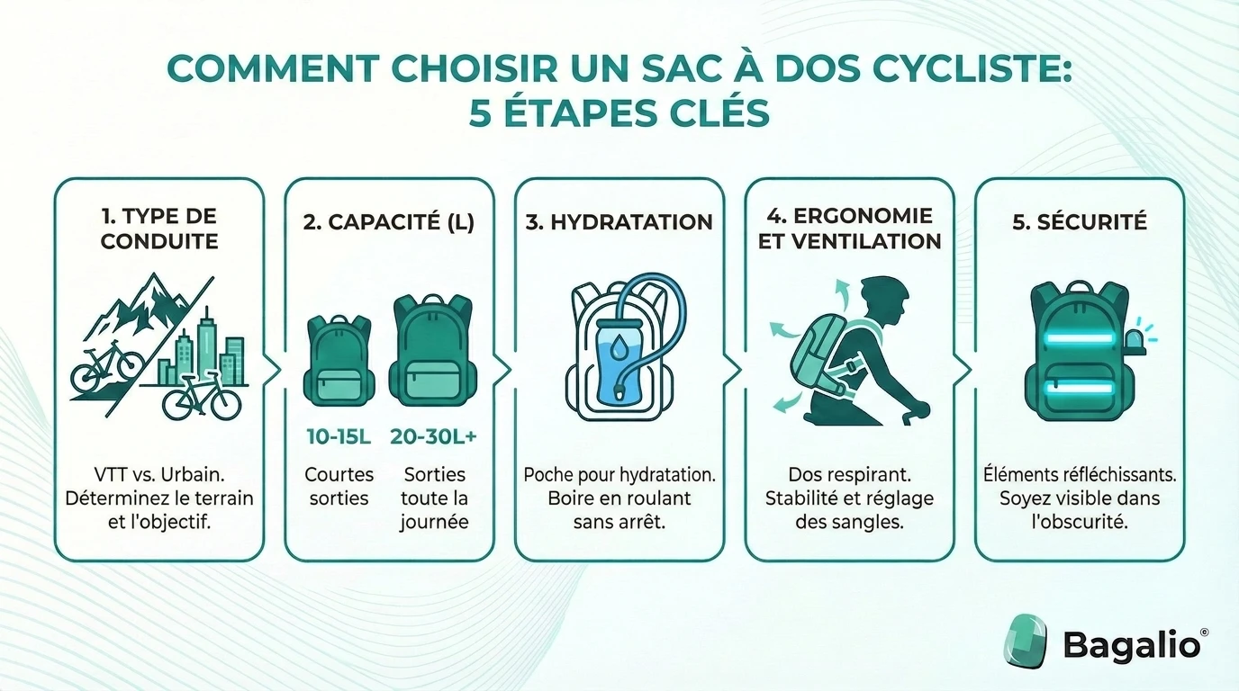 Infographie : comment choisir un sac à dos de vélo – capacité, système d'hydratation, ergonomie et sécurité.