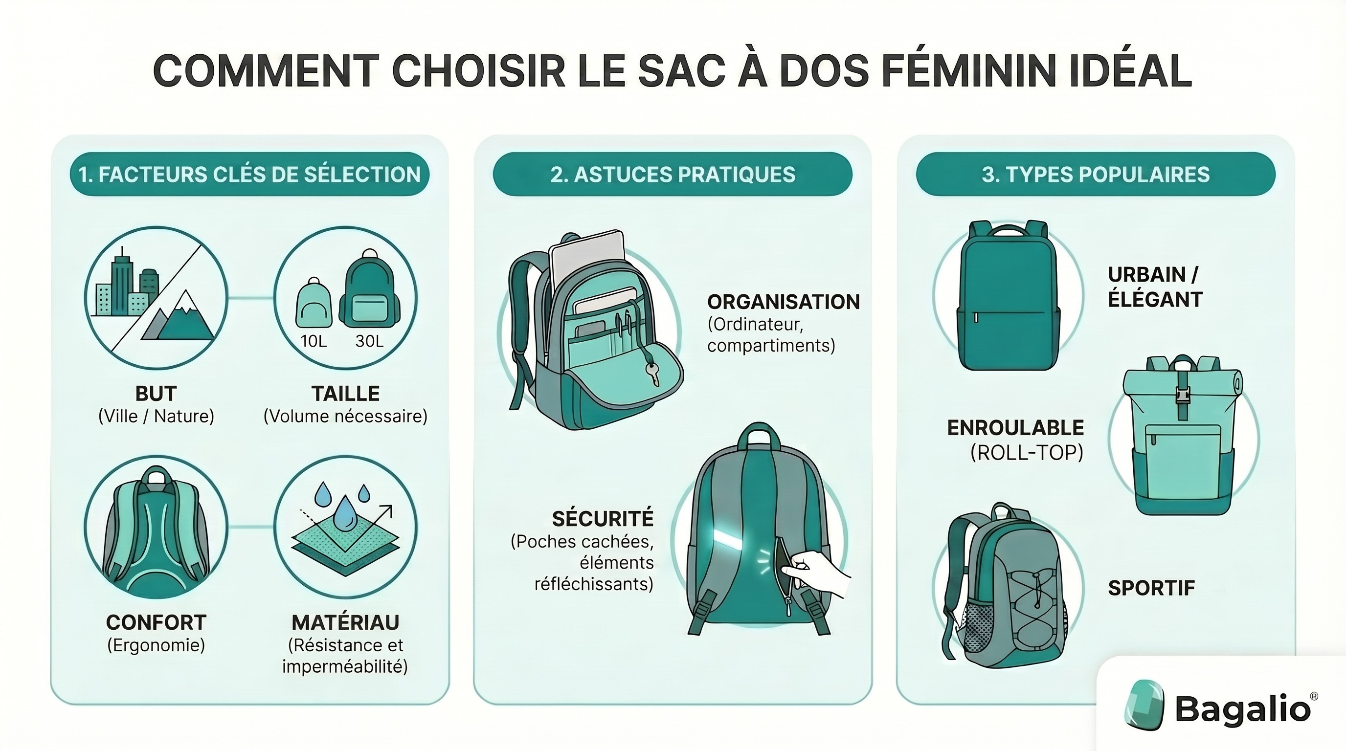 Infographie : comment choisir le sac à dos féminin idéal – taille, confort et matériau