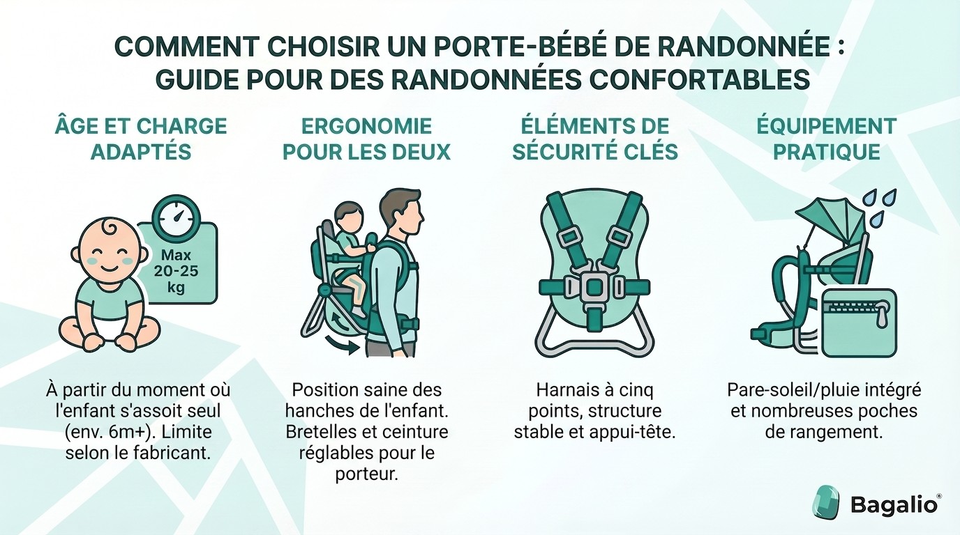 Infographie avec des conseils pour choisir le bon porte-bébé : types de porte-bébés, réglage des sangles et position sûre de l'enfant.