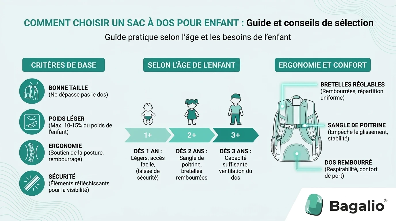 Infographie : comment choisir un sac à dos enfant selon l'âge – taille, poids et ergonomie