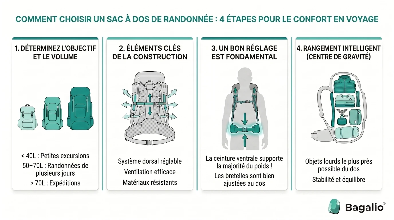 Infographie : comment choisir son sac à dos de randonnée en 4 étapes – volume, conception, réglage et rangement