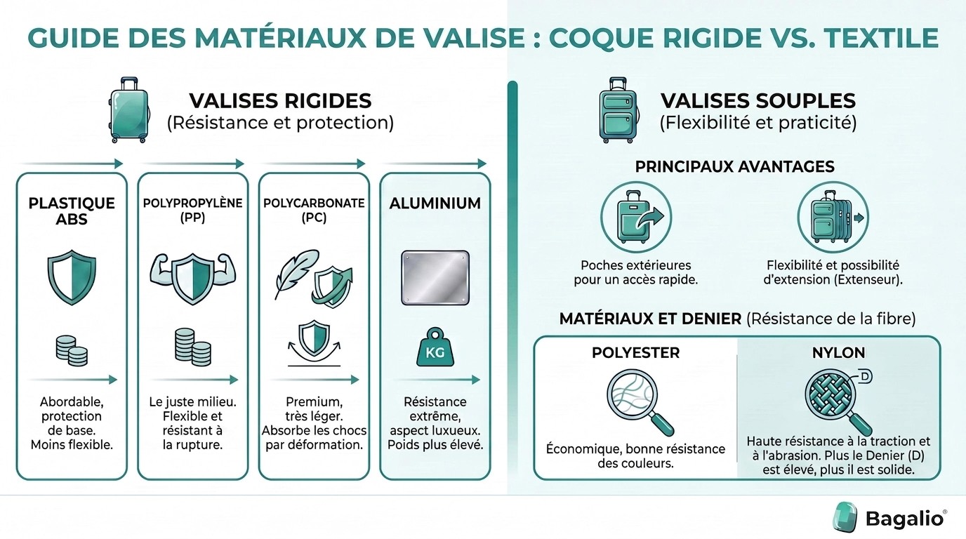 Infographie comparant les matériaux des valises : coque rigide (ABS, polypropylène, polycarbonate, aluminium) et textile (polyester, nylon)