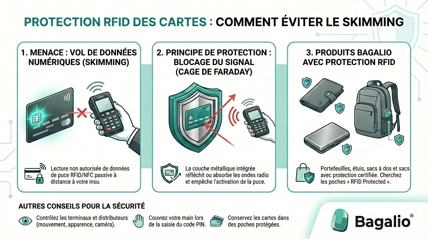 Infographie sur la protection RFID des cartes et la prévention du skimming, par Bagalio.