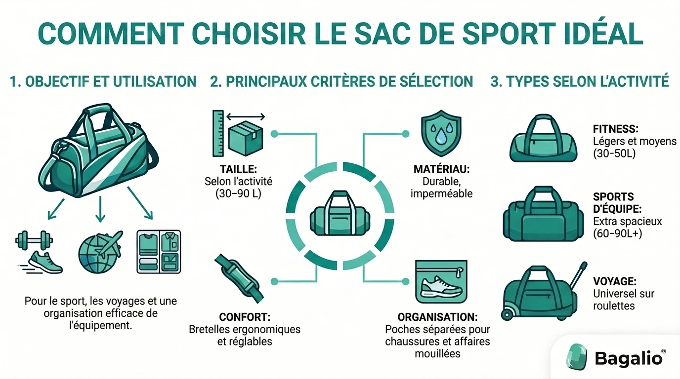 Infographie : comment choisir le sac de sport idéal selon l'usage, la taille et le matériau.