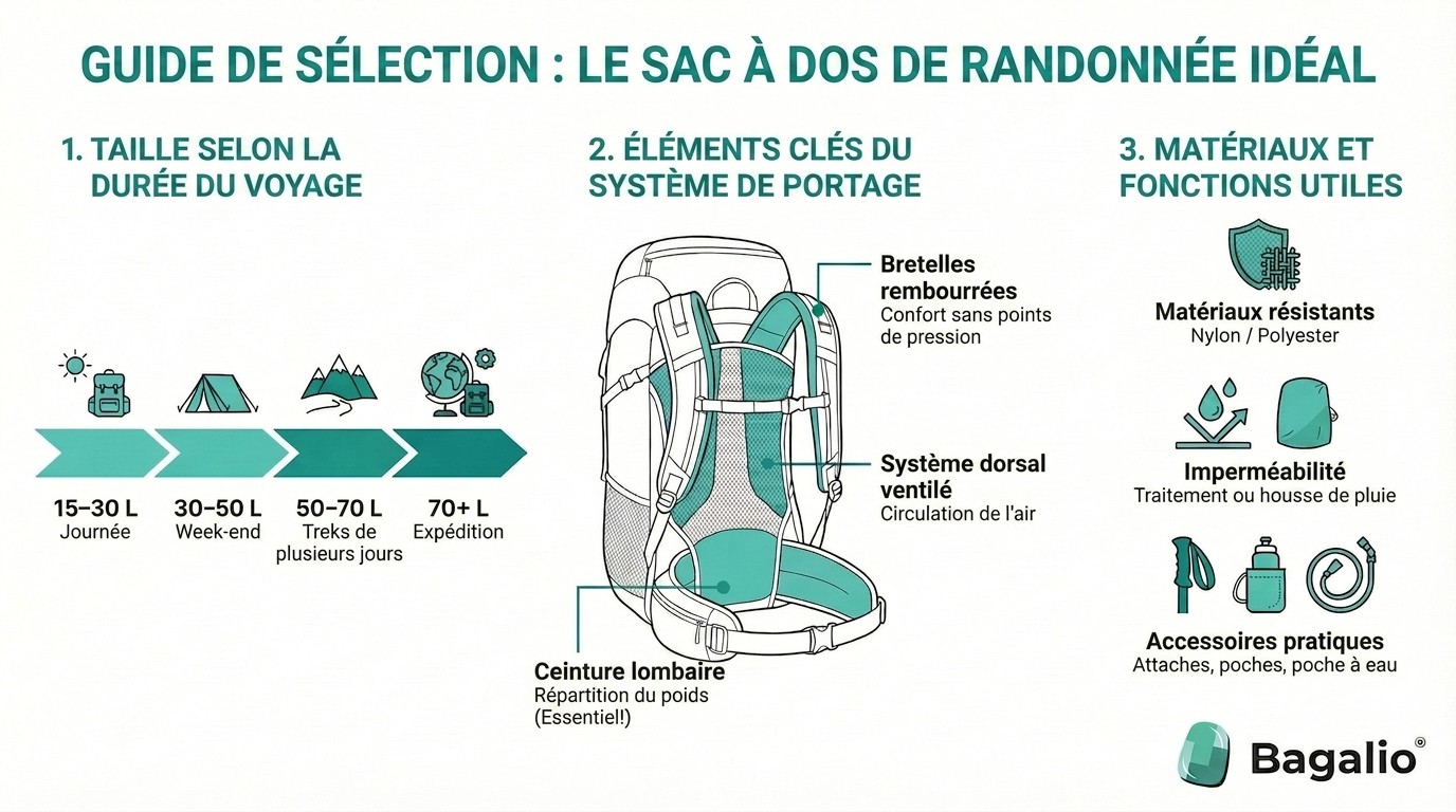 Infographie : comment choisir le sac à dos de randonnée idéal – volume, système de portage et matière