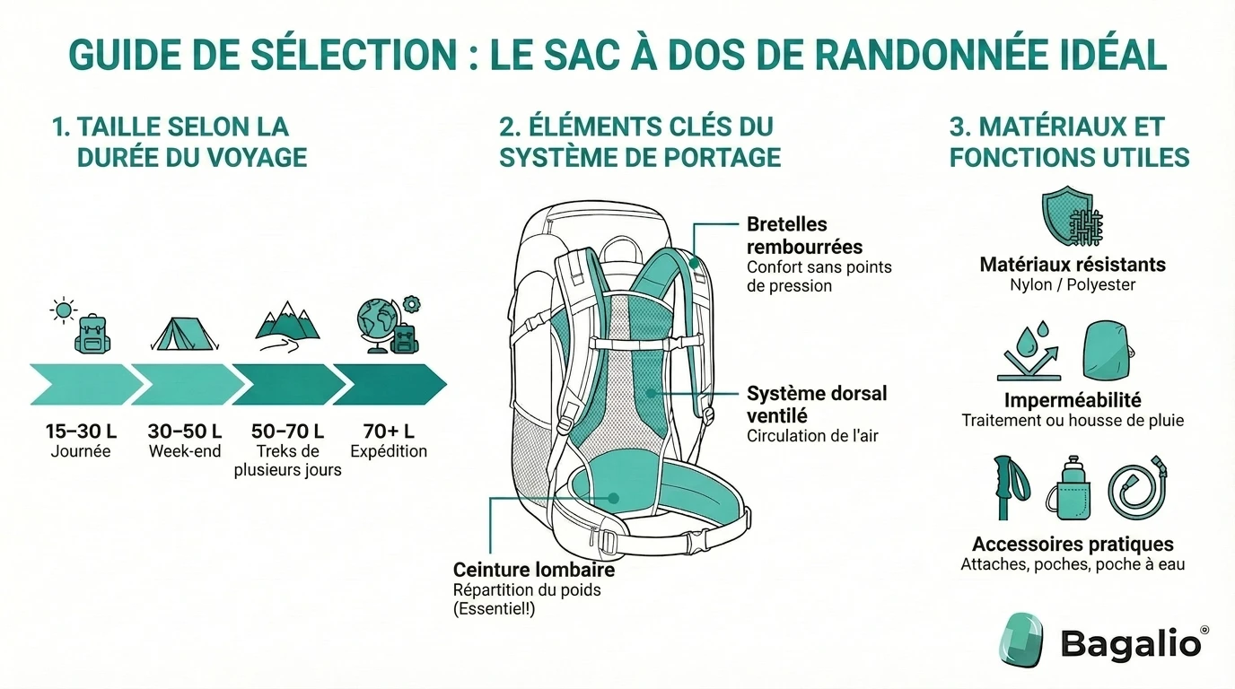 Infographie : comment choisir le sac à dos de randonnée idéal – volume, système de portage et matière